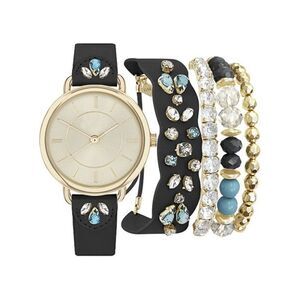 Jessica Carlyle Analog Black Jeweled Strap Watch 34mm w/ Matching Bracelets Set